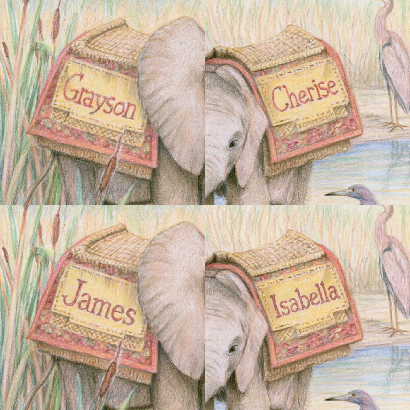 Four name preview examples of Two Elephant Calves Personalized Wall Mural by Whimsy Tots
