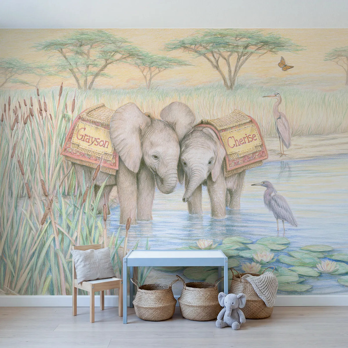 Two Elephant Calves Personalized Wall Mural in playroom setting by Whimsy Tots