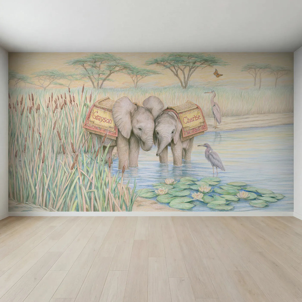 Full view of Two Elephant Calves Personalized Wall Mural by Whimsy Tots
