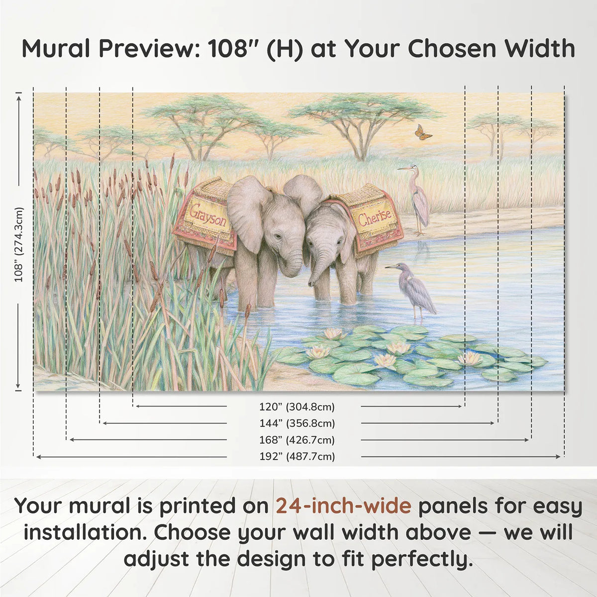 Panel layout and dimensions for Two Elephant Calves Personalized Wall Mural by Whimsy Tots