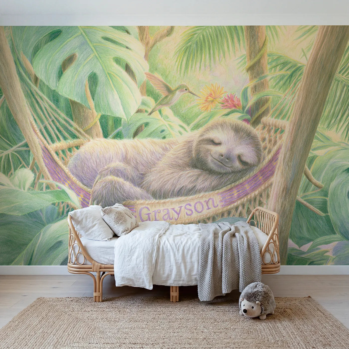Colored pencil sloth and hammock personalized wall mural with woven edge band by Whimsy Tots