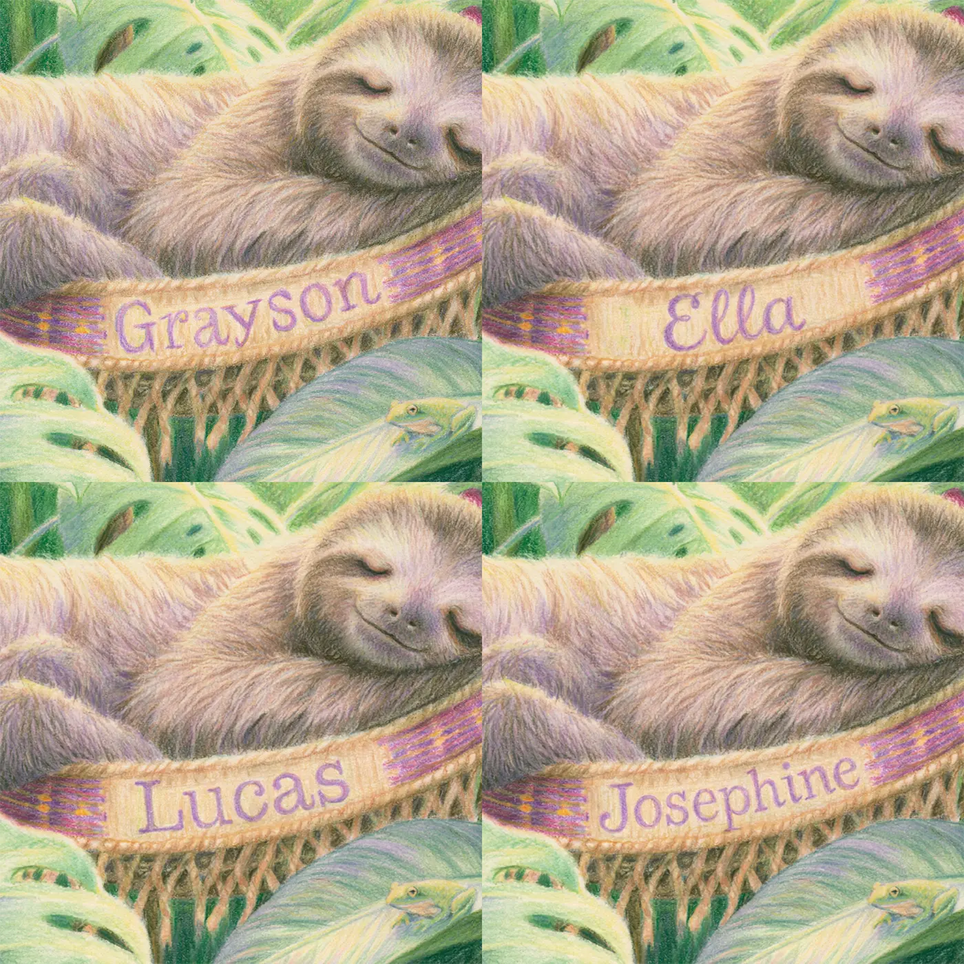 Four name preview examples of Sloth and the Hammock Personalized Wall Mural by Whimsy Tots