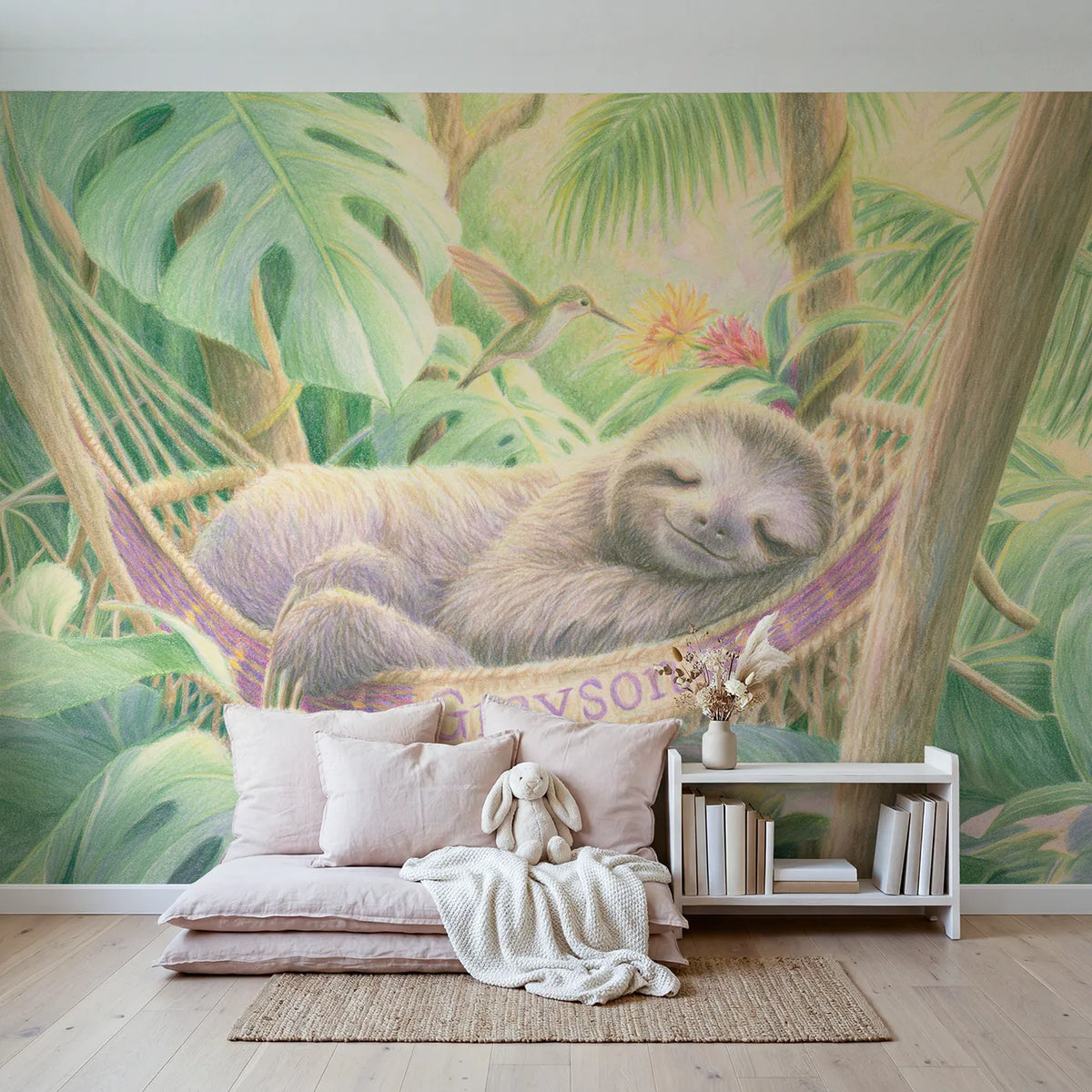 Sloth and the Hammock Personalized Wall Mural in playroom setting by Whimsy Tots