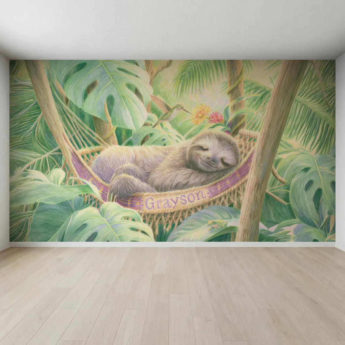 Full view of Sloth and the Hammock Personalized Wall Mural by Whimsy Tots