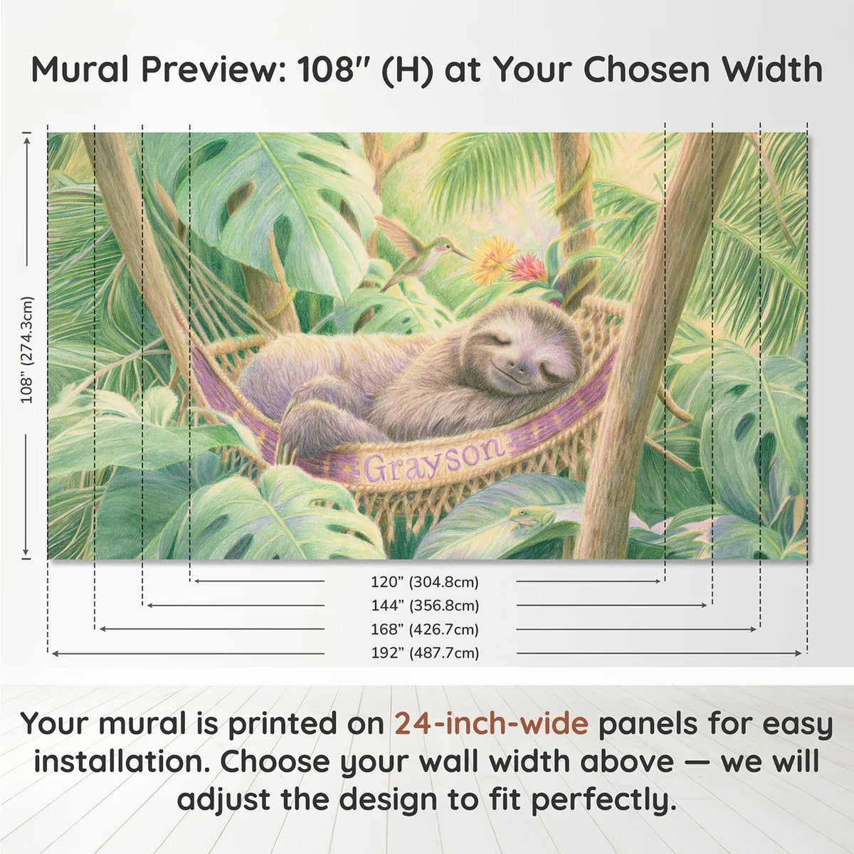 Panel layout and dimensions for Sloth and the Hammock Personalized Wall Mural by Whimsy Tots