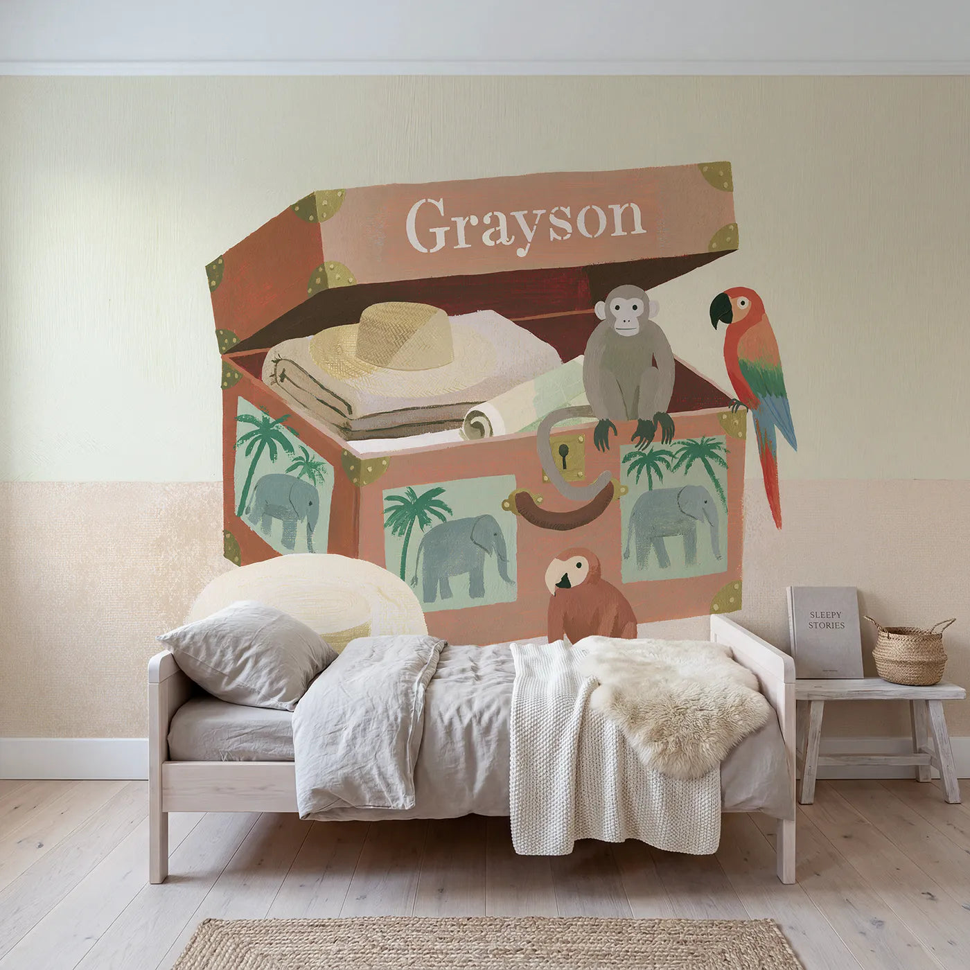 Modern illustration safari travel trunk personalized wall mural with stencilled lid by Whimsy Tots