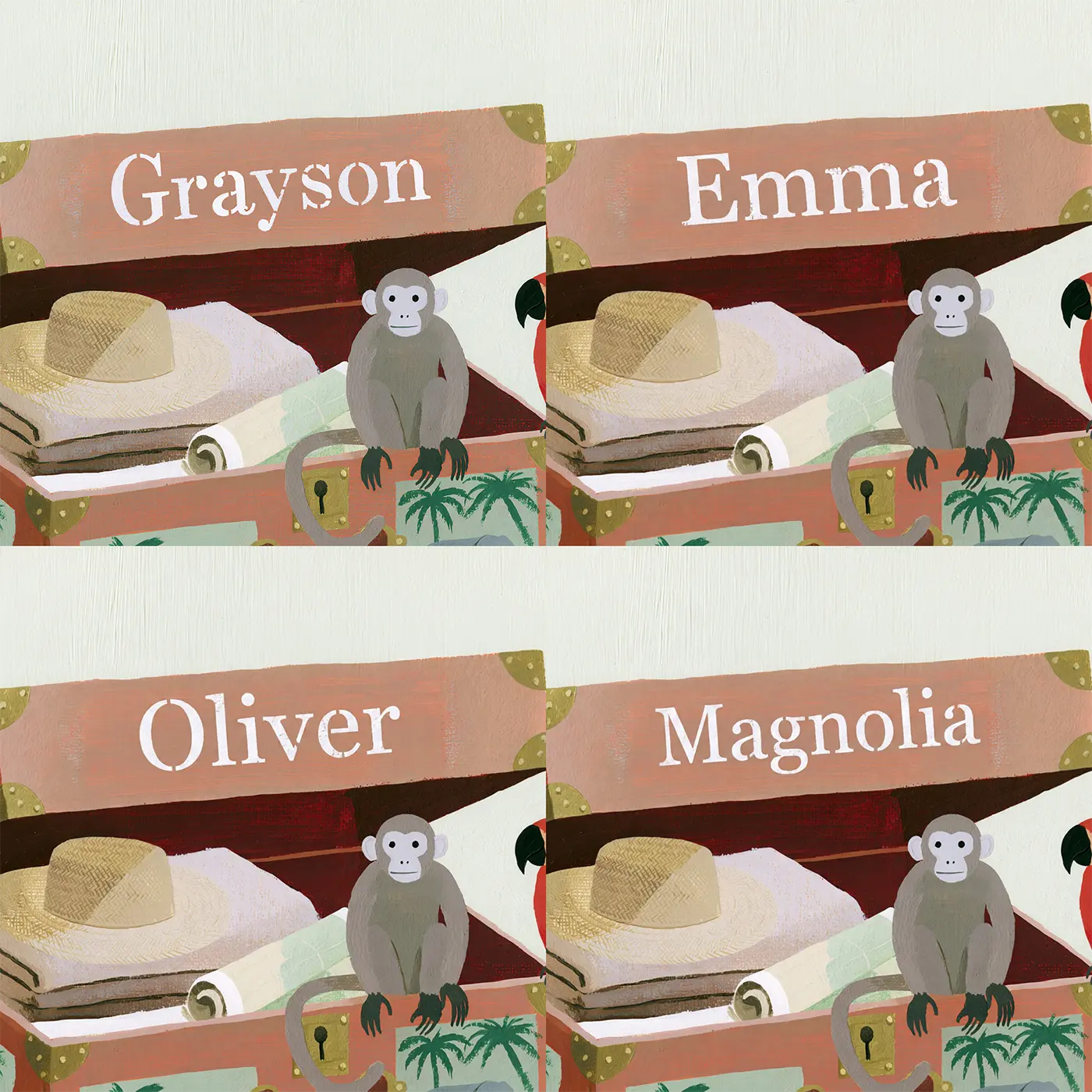 Four name preview examples of Flat Safari Trunk Personalized Wall Mural by Whimsy Tots
