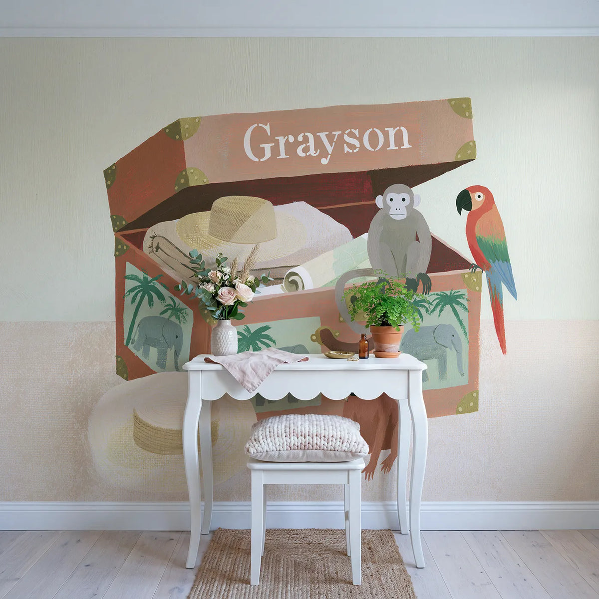 Flat Safari Trunk Personalized Wall Mural in playroom setting by Whimsy Tots