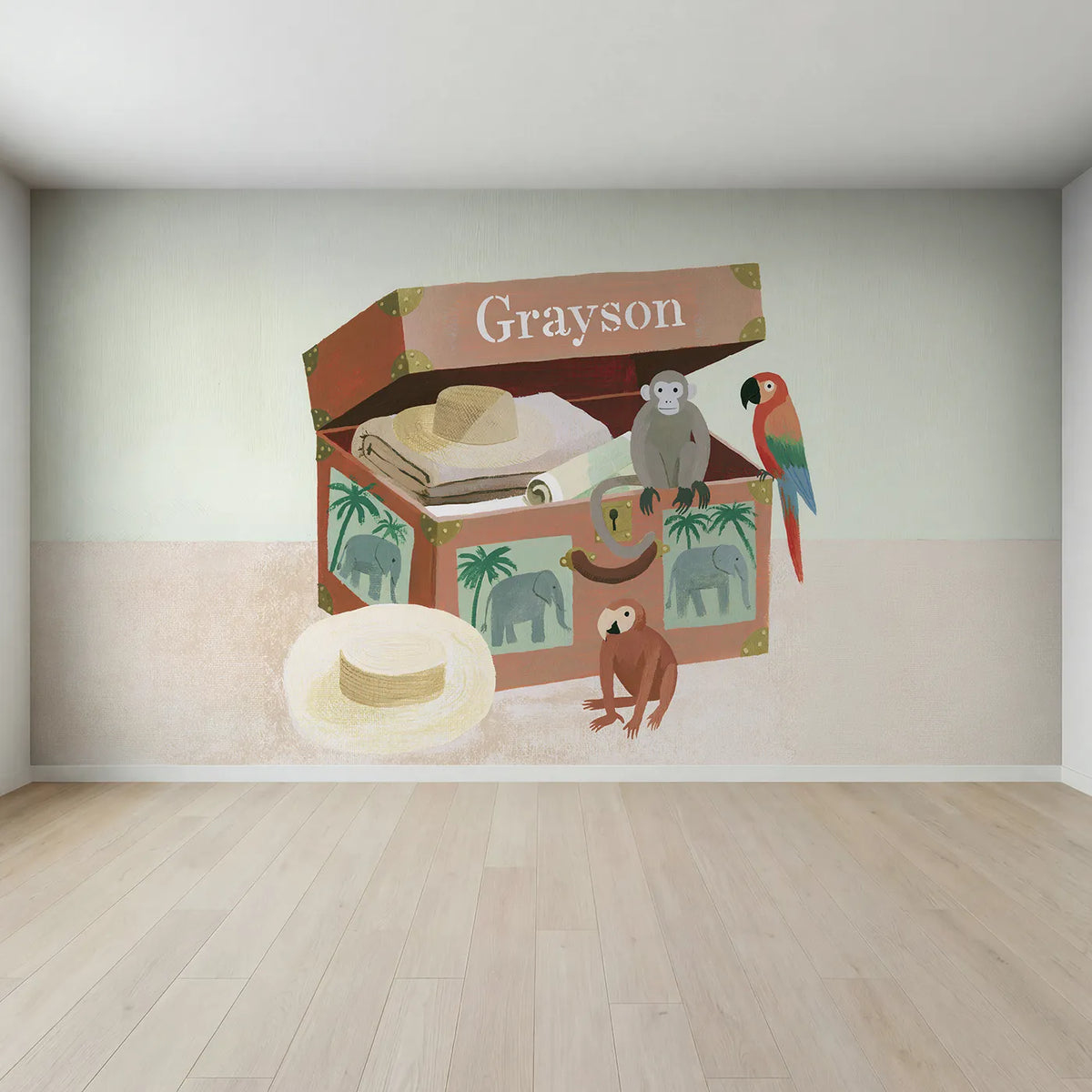 Full view of Flat Safari Trunk Personalized Wall Mural by Whimsy Tots