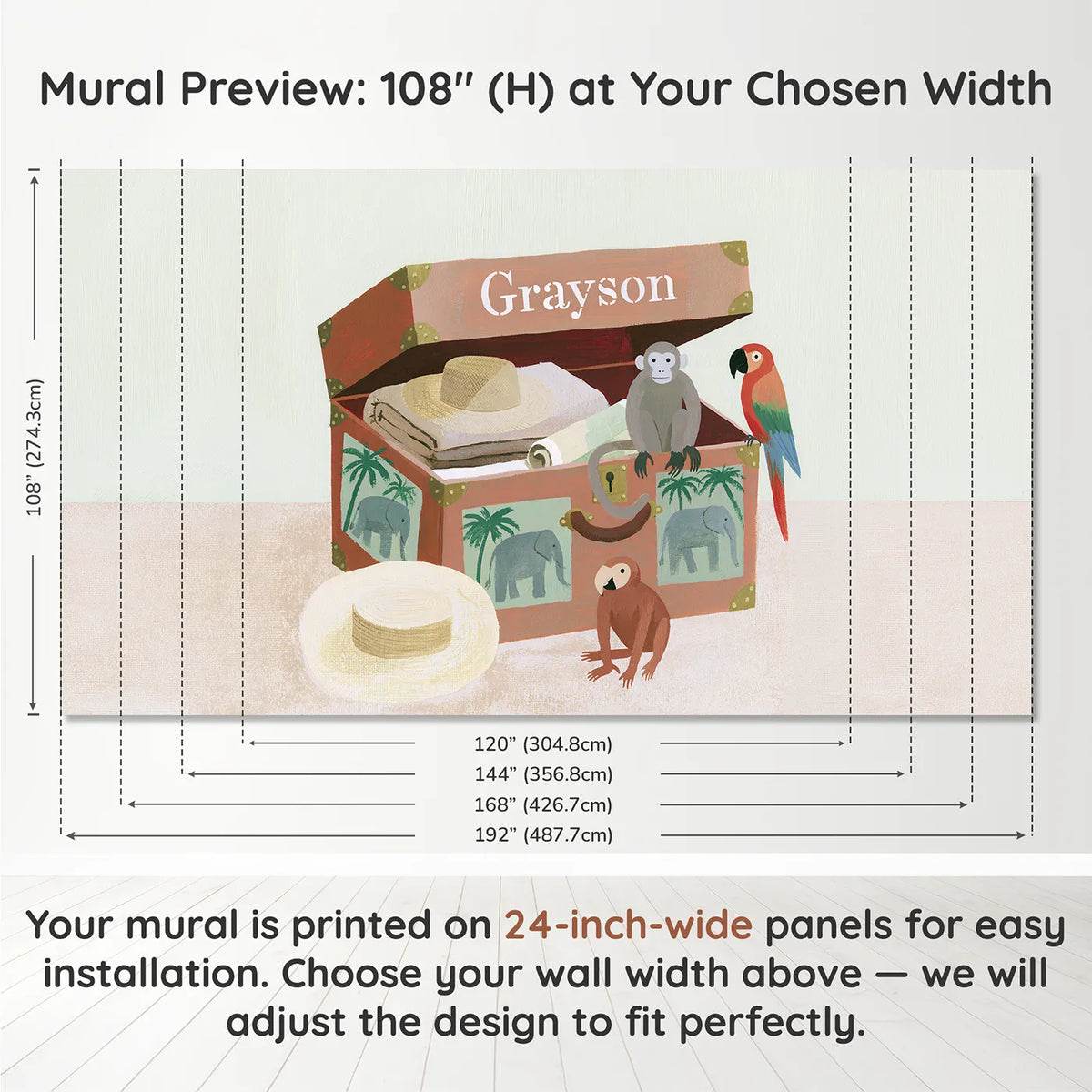 Panel layout and dimensions for Flat Safari Trunk Personalized Wall Mural by Whimsy Tots