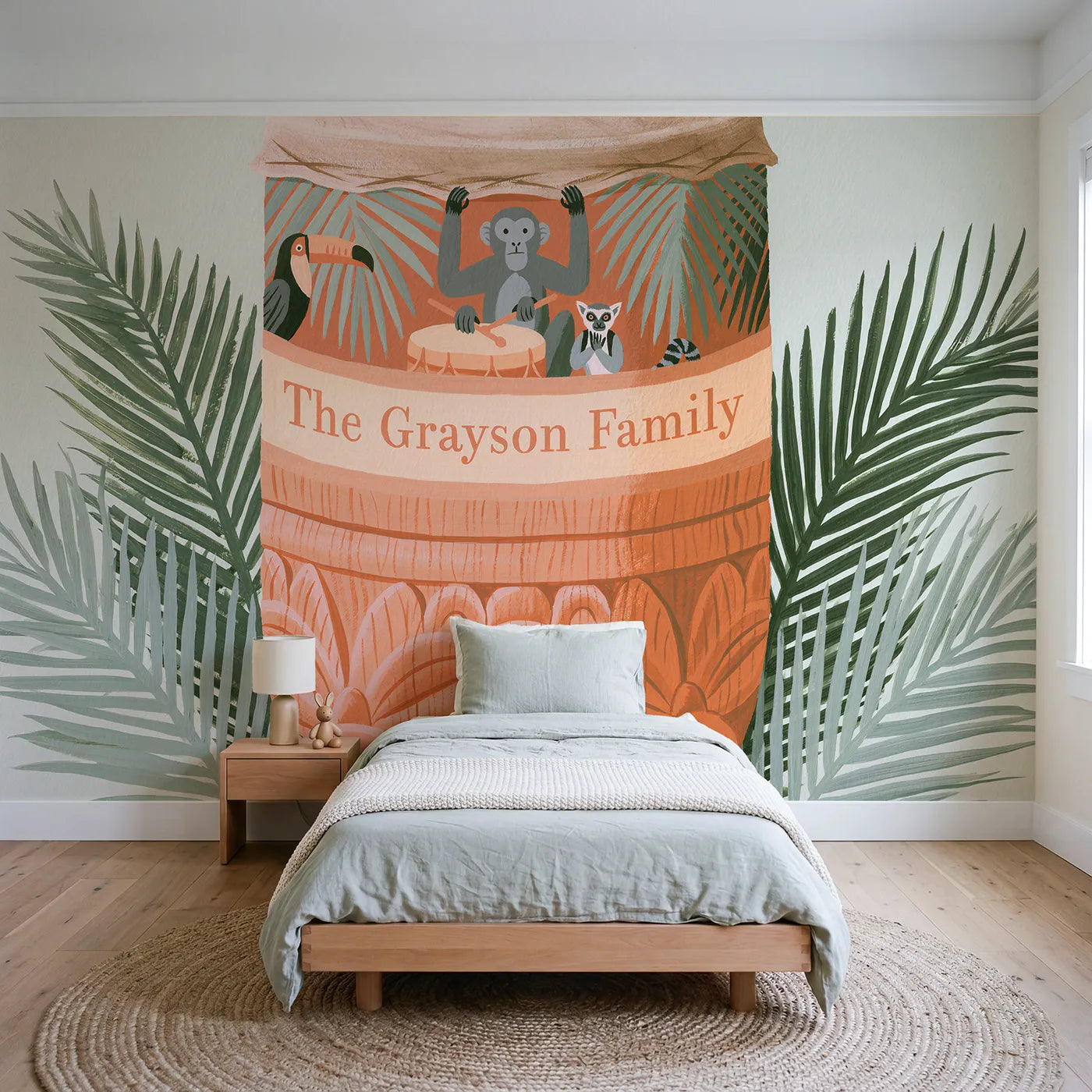Modern illustration jungle drum personalized wall mural with painted family name band by Whimsy Tots