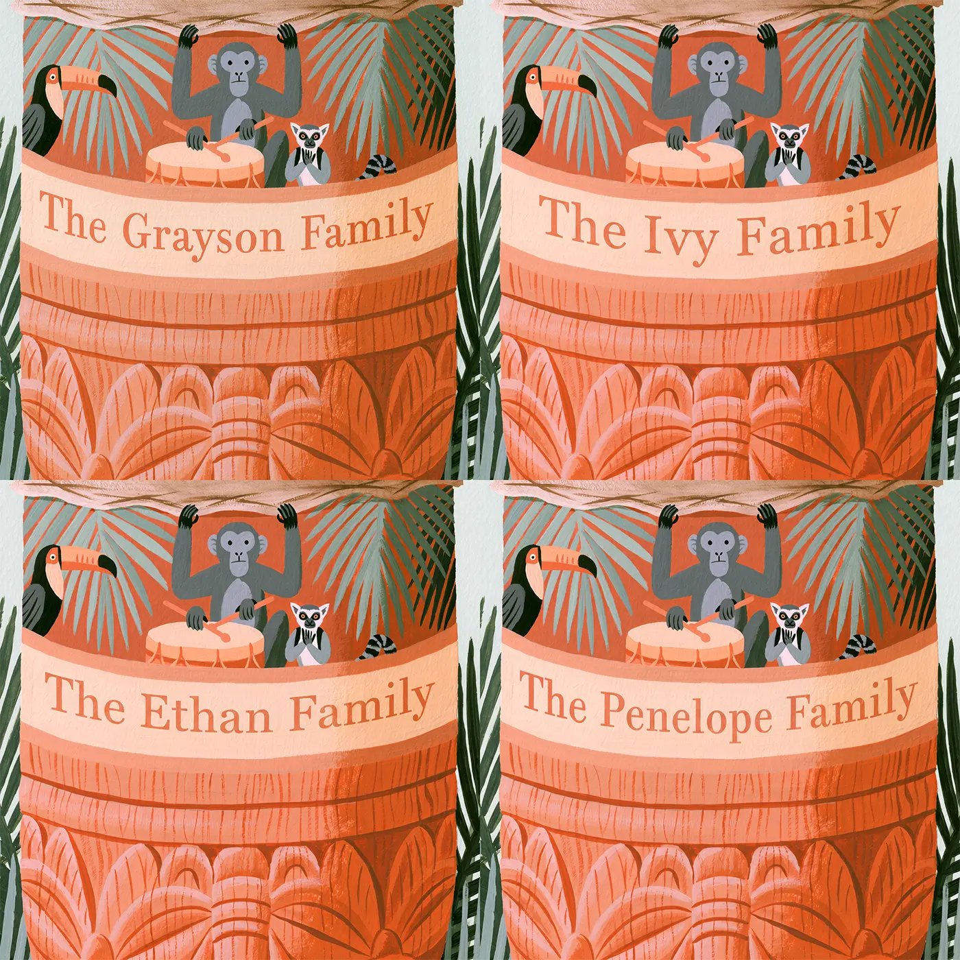 Four name preview examples of Flat Jungle Drum Personalized Wall Mural by Whimsy Tots