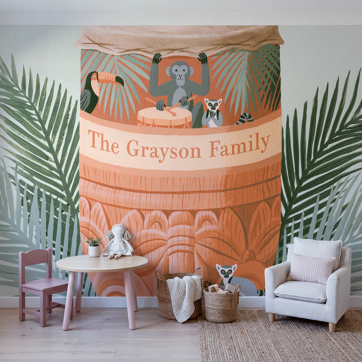 Flat Jungle Drum Personalized Wall Mural in playroom setting by Whimsy Tots