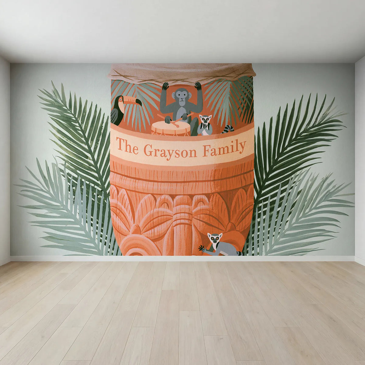 Full view of Flat Jungle Drum Personalized Wall Mural by Whimsy Tots