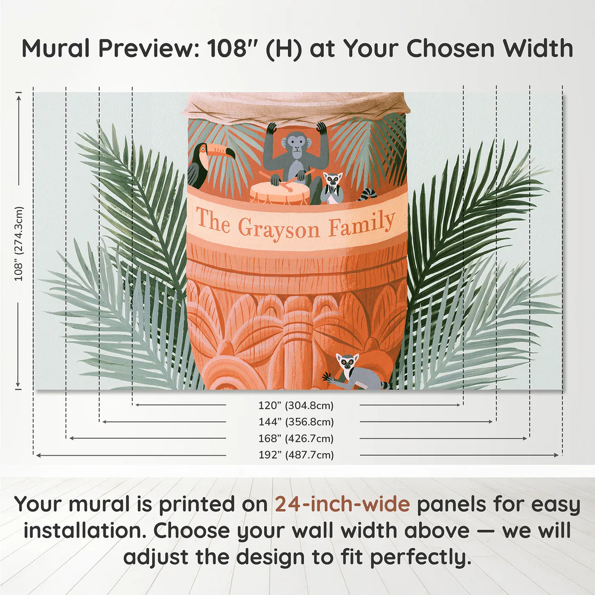 Panel layout and dimensions for Flat Jungle Drum Personalized Wall Mural by Whimsy Tots