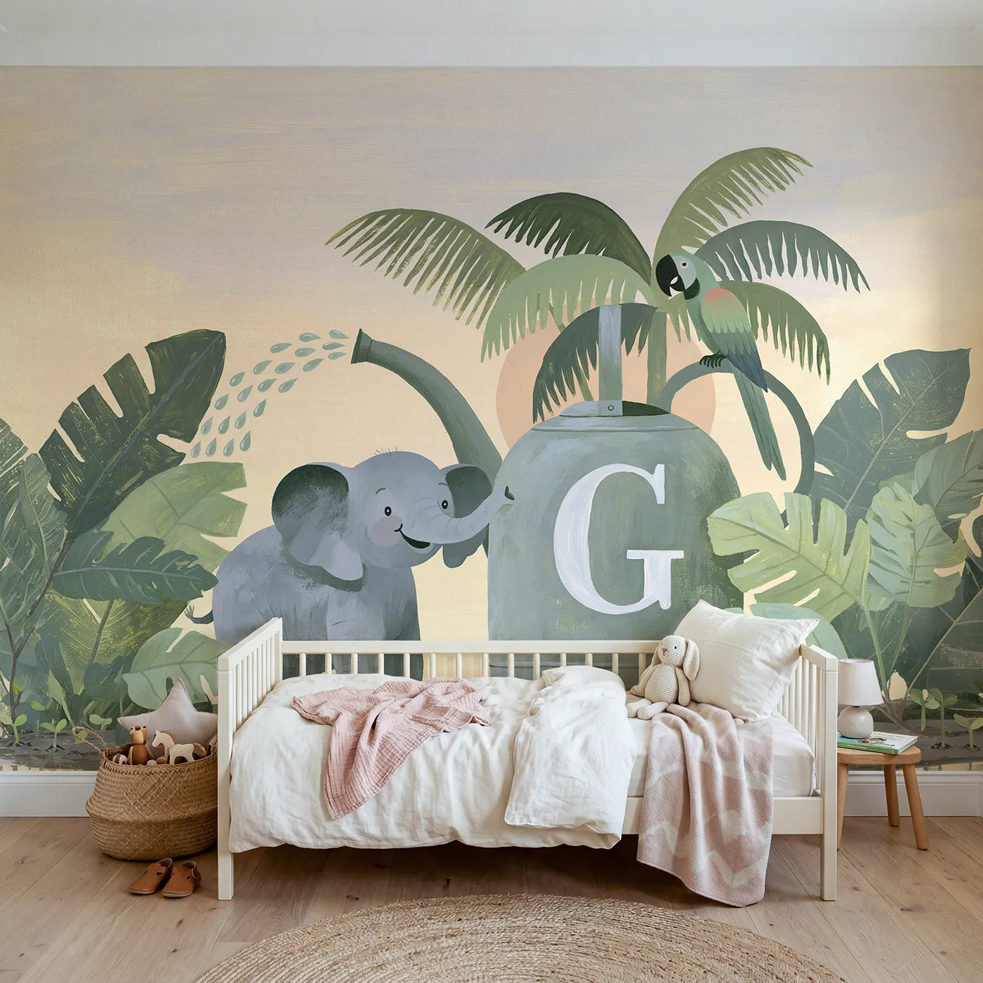 Modern illustration watering can elephant personalized wall mural with painted initial by Whimsy Tots