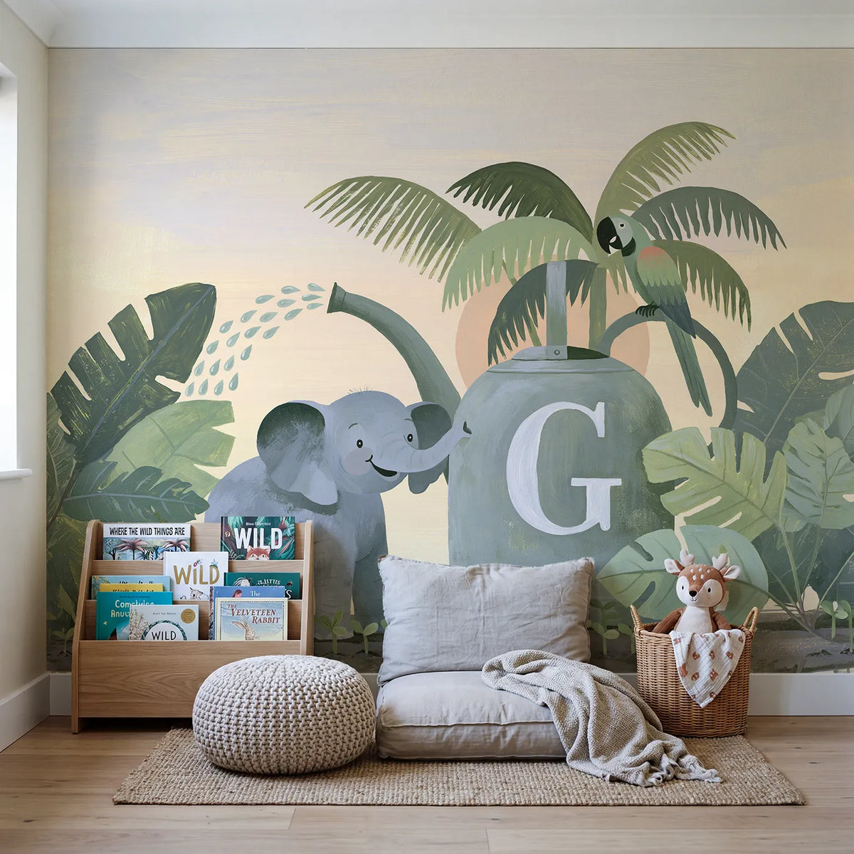 Flat Watering Can Elephant Personalized Wall Mural in playroom setting by Whimsy Tots
