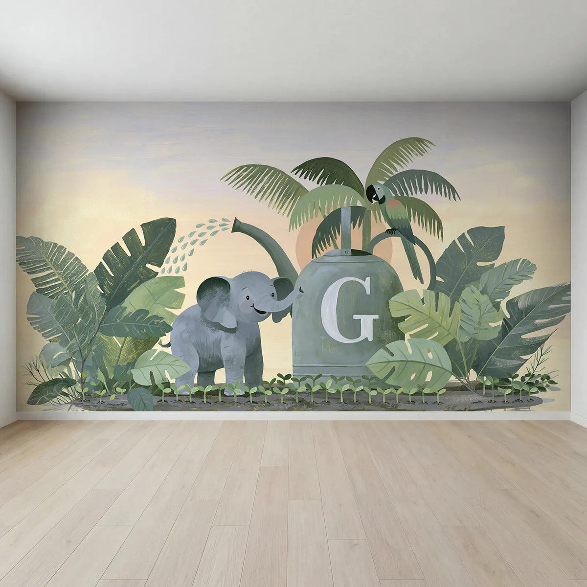Full view of Flat Watering Can Elephant Personalized Wall Mural by Whimsy Tots