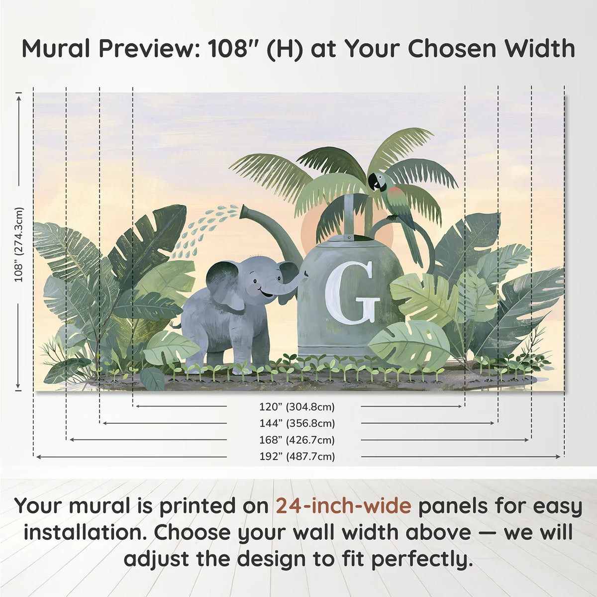 Panel layout and dimensions for Flat Watering Can Elephant Personalized Wall Mural by Whimsy Tots