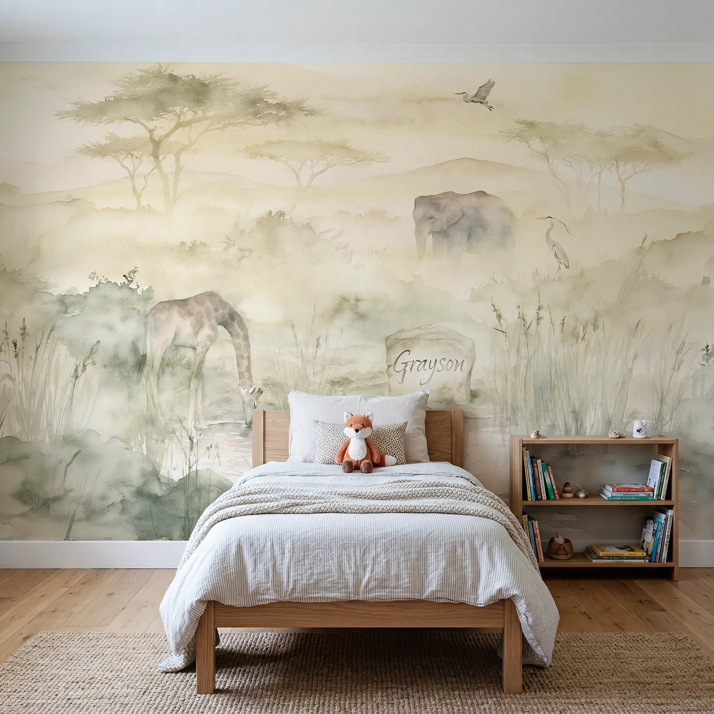 Watercolor misty savanna waterhole personalized wall mural with carved standing stone by Whimsy Tots