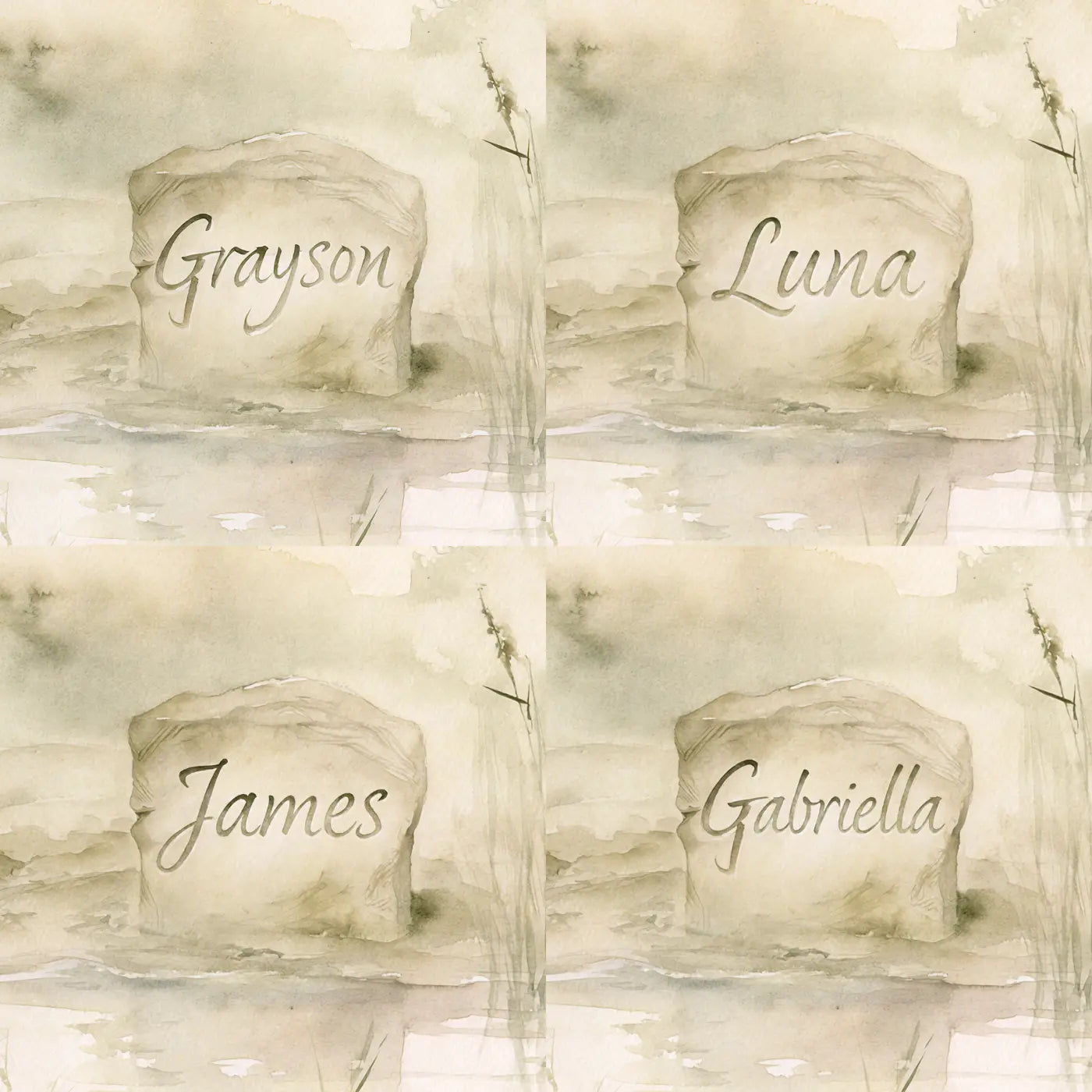 Four name preview examples of Misty Waterhole Dawn Personalized Wall Mural by Whimsy Tots