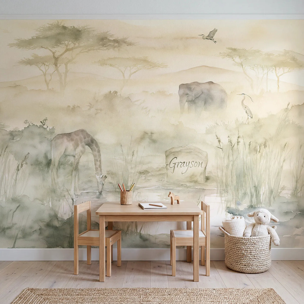 Misty Waterhole Dawn Personalized Wall Mural in playroom setting by Whimsy Tots