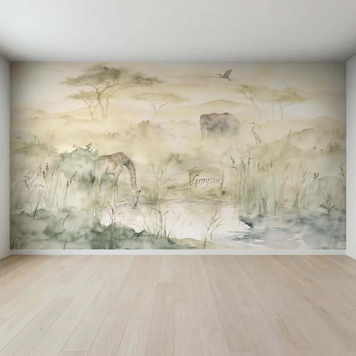 Full view of Misty Waterhole Dawn Personalized Wall Mural by Whimsy Tots