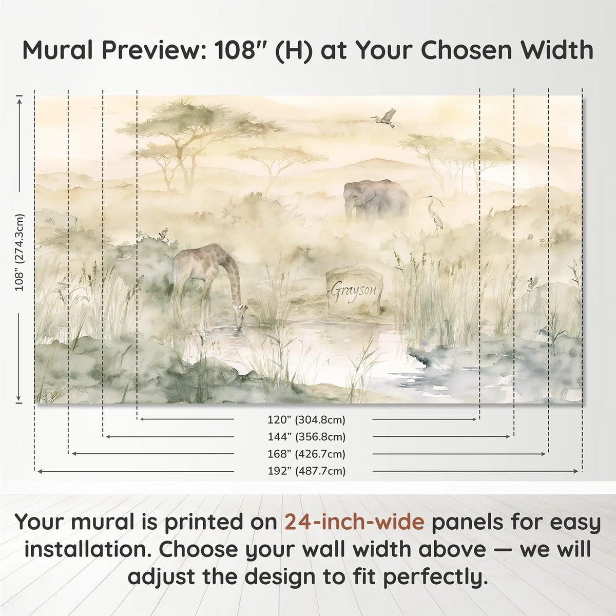Panel layout and dimensions for Misty Waterhole Dawn Personalized Wall Mural by Whimsy Tots