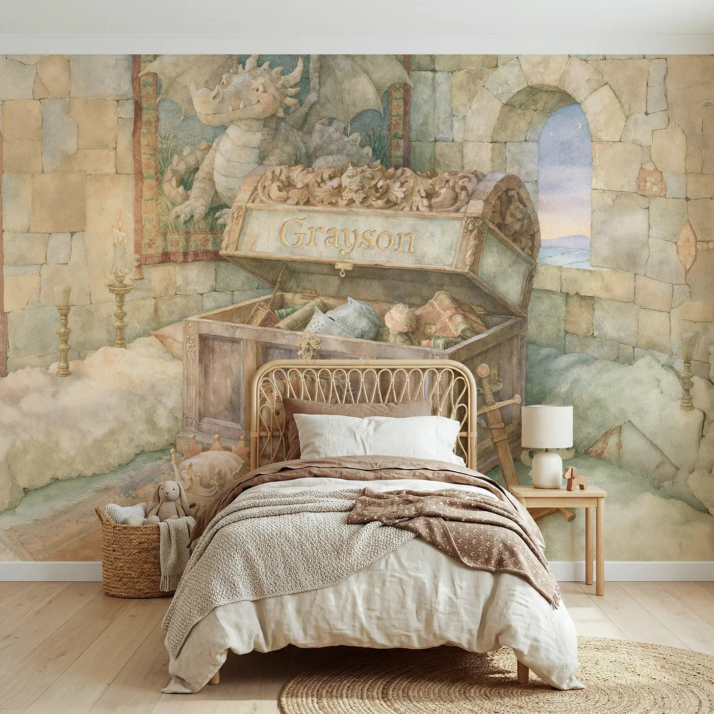 Storybook castle toy chest personalized wall mural with gilded carved lid by Whimsy Tots