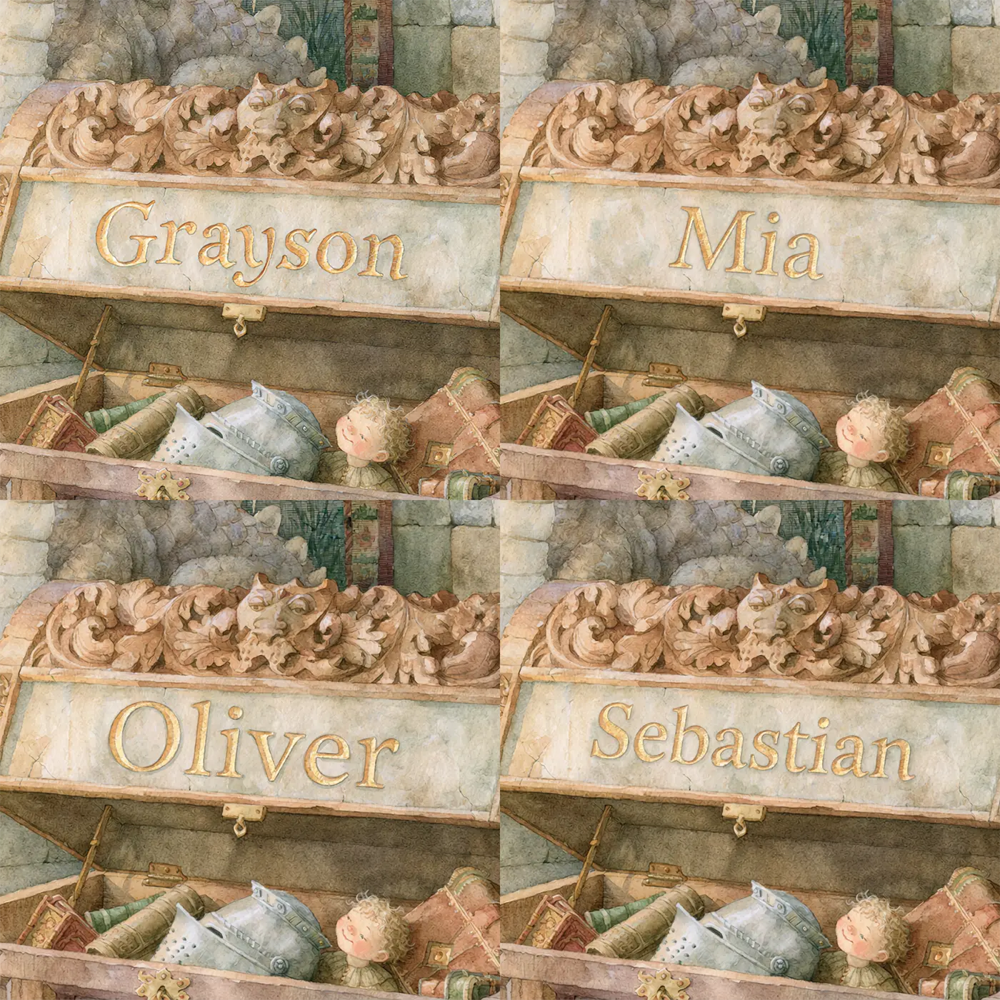 Four name preview examples of Royal Toy Chest Personalized Wall Mural by Whimsy Tots