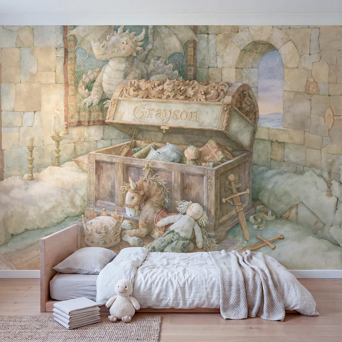 Royal Toy Chest Personalized Wall Mural in playroom setting by Whimsy Tots