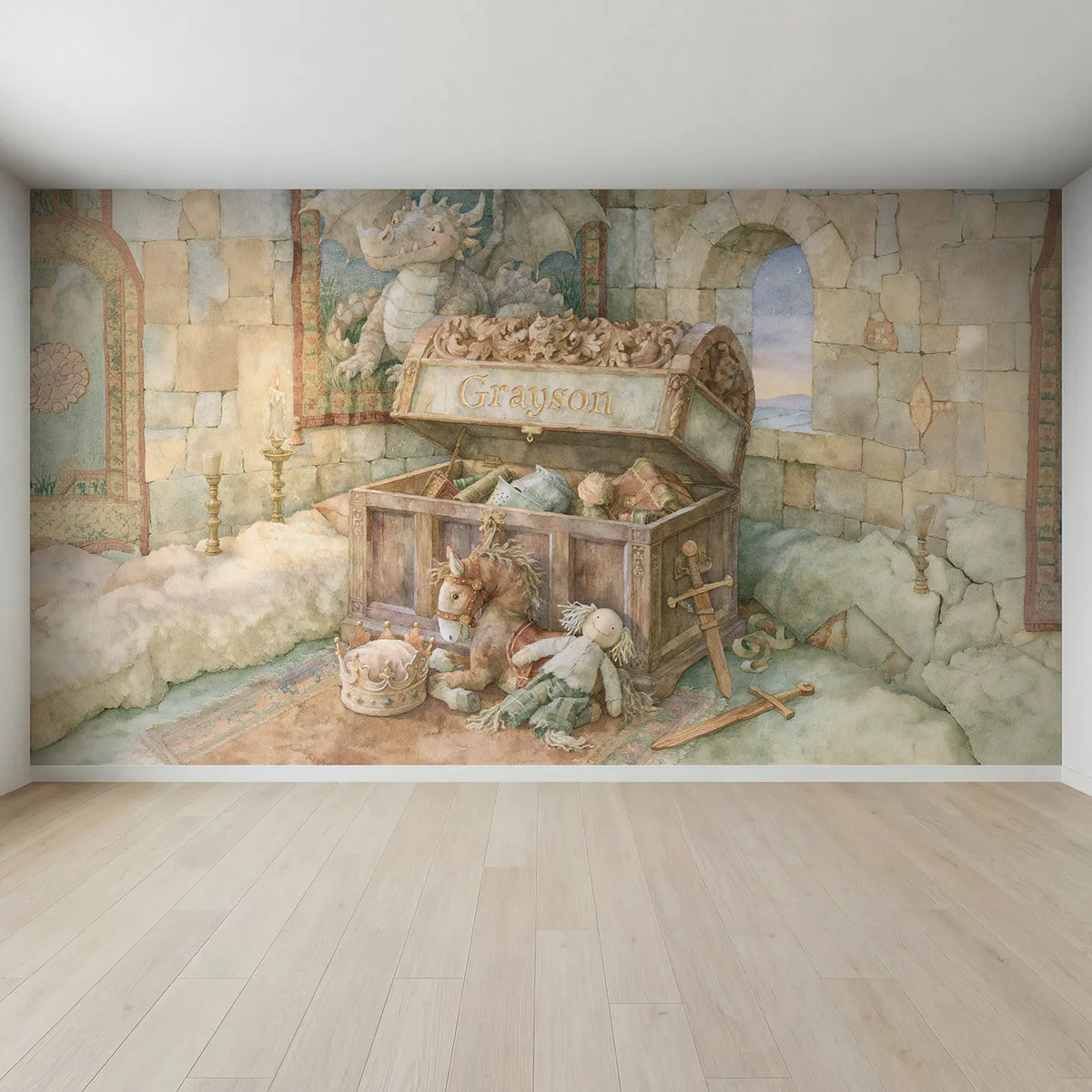 Full view of Royal Toy Chest Personalized Wall Mural by Whimsy Tots