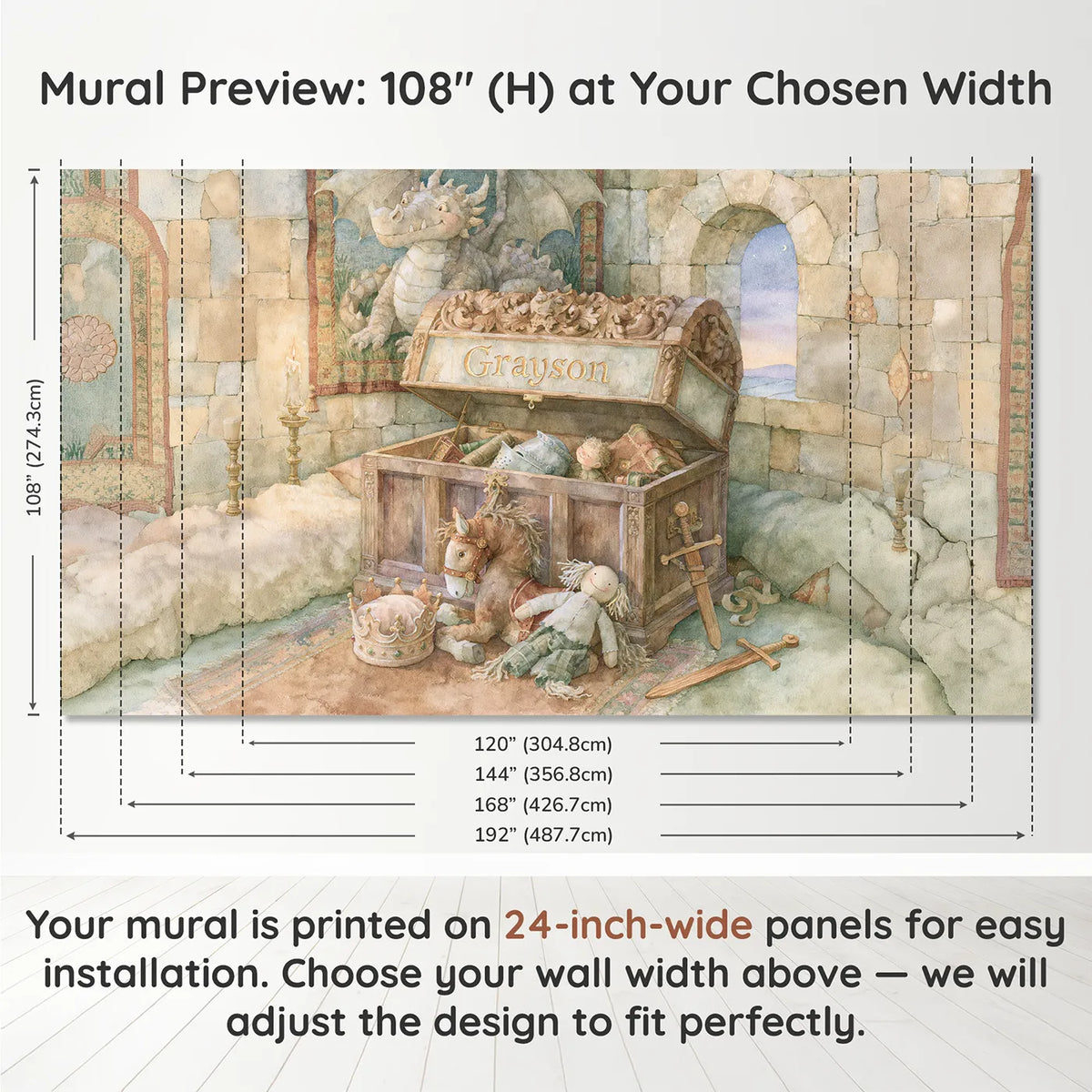 Panel layout and dimensions for Royal Toy Chest Personalized Wall Mural by Whimsy Tots