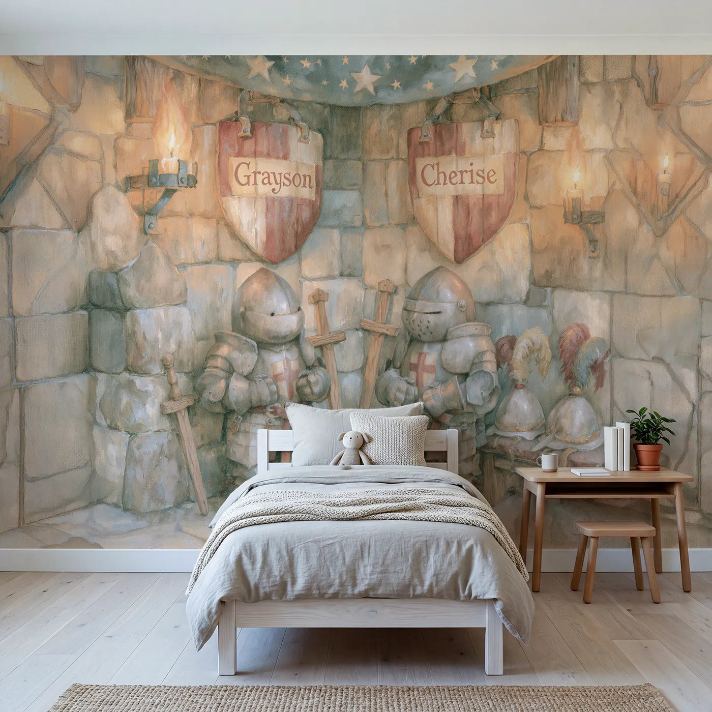 Storybook castle armoury personalized wall mural with two lettered knight shields by Whimsy Tots
