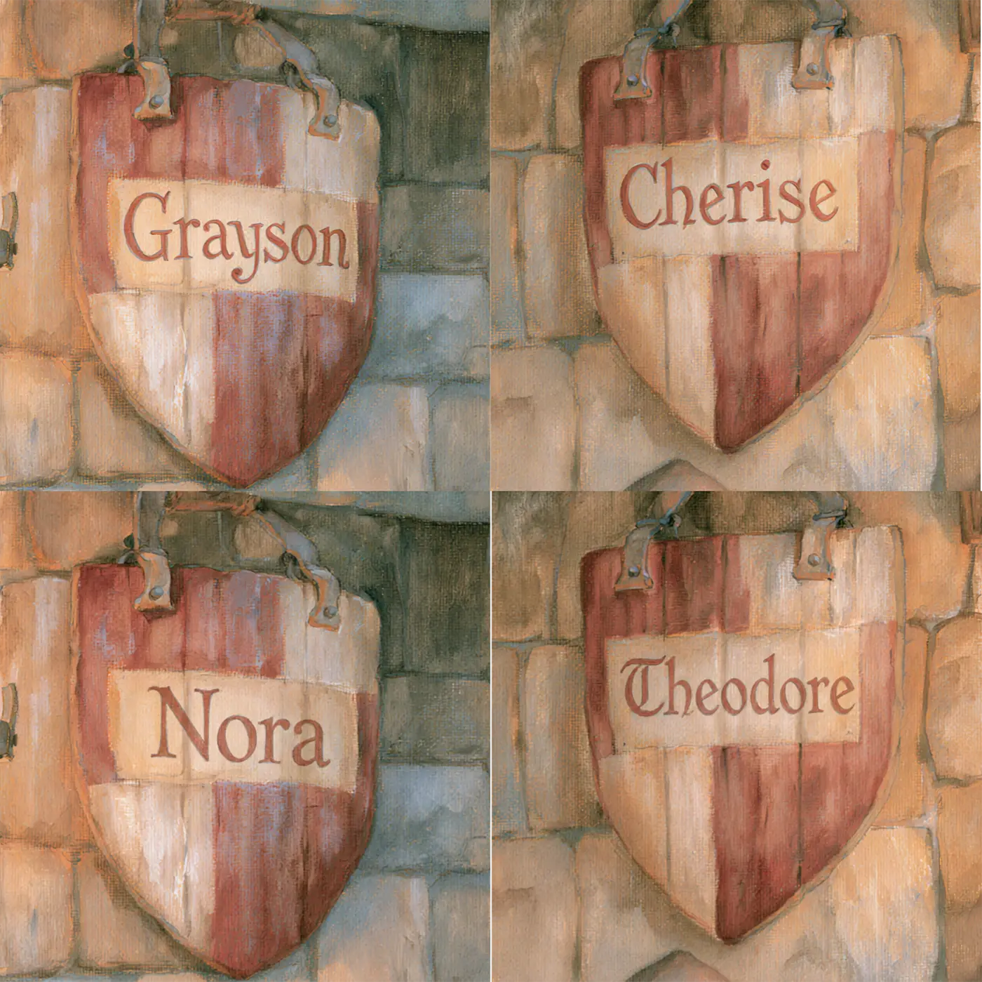 Four name preview examples of Two Knights Two Shields Personalized Wall Mural by Whimsy Tots