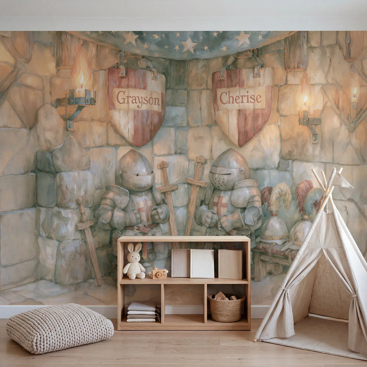 Two Knights Two Shields Personalized Wall Mural in playroom setting by Whimsy Tots