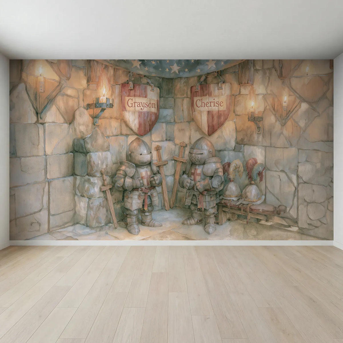 Full view of Two Knights Two Shields Personalized Wall Mural by Whimsy Tots