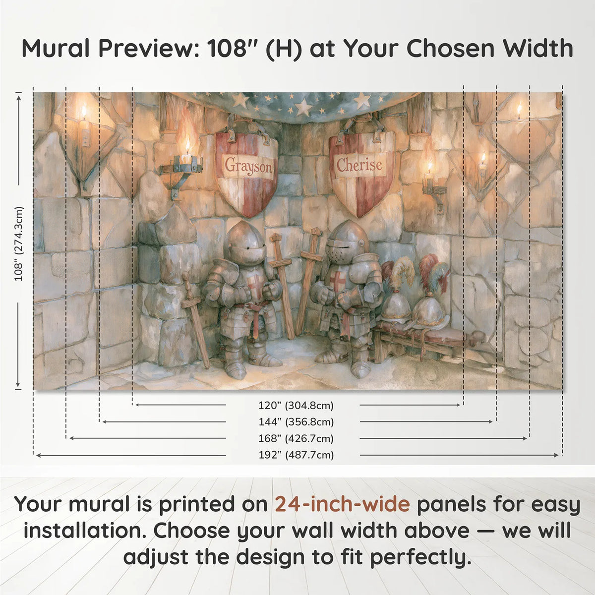Panel layout and dimensions for Two Knights Two Shields Personalized Wall Mural by Whimsy Tots