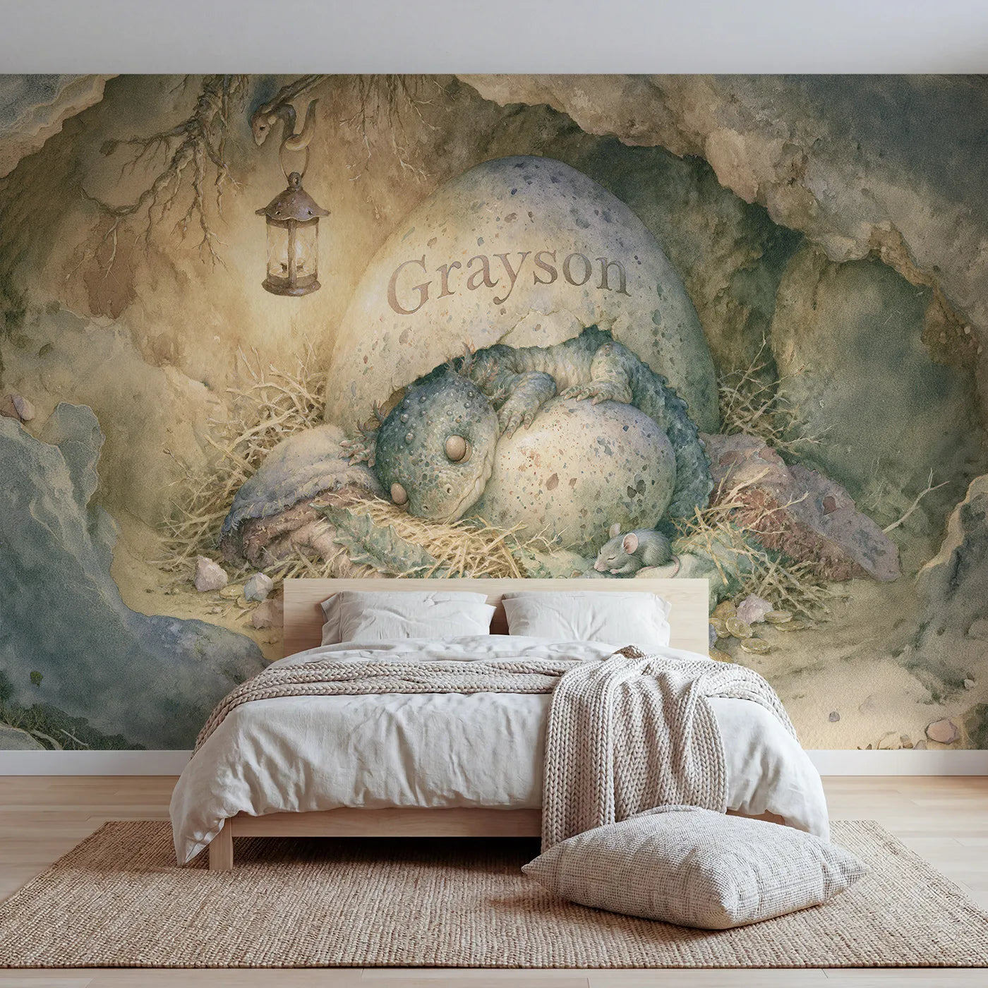 Storybook baby dragon egg nest personalized wall mural with inscribed glowing shell by Whimsy Tots