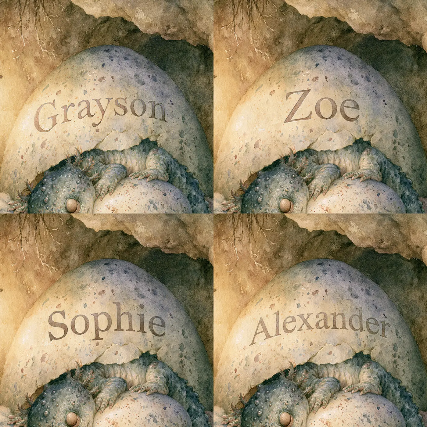 Four name preview examples of Dragon Egg Nest Personalized Wall Mural by Whimsy Tots