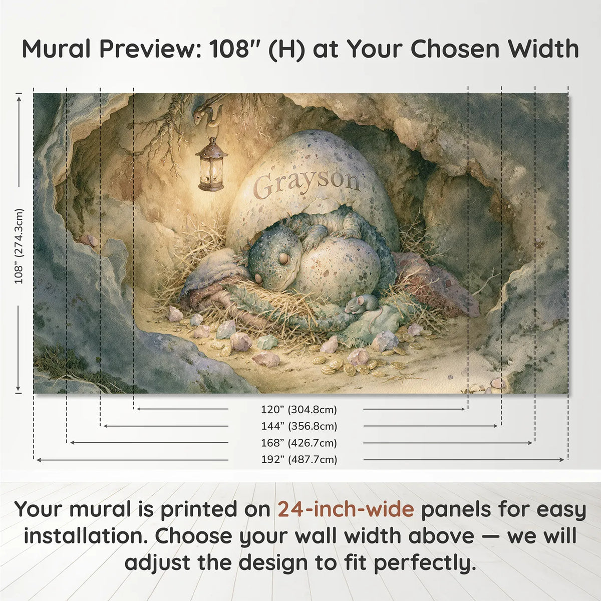 Panel layout and dimensions for Dragon Egg Nest Personalized Wall Mural by Whimsy Tots