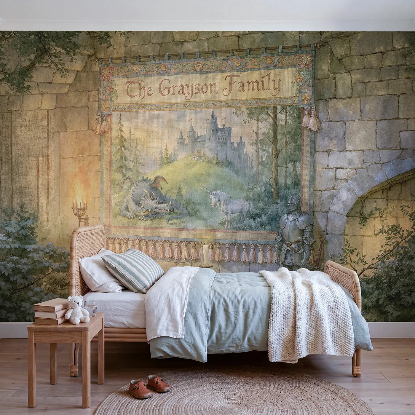 Storybook castle woven hanging personalized wall mural with family name border by Whimsy Tots