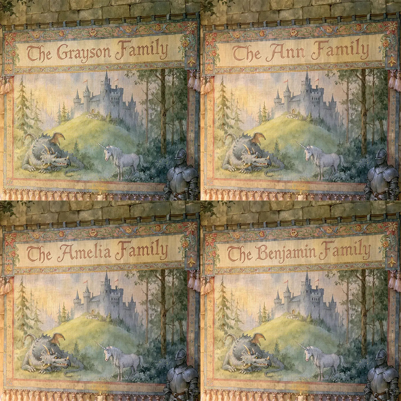 Four name preview examples of Royal Family Tapestry Personalized Wall Mural by Whimsy Tots