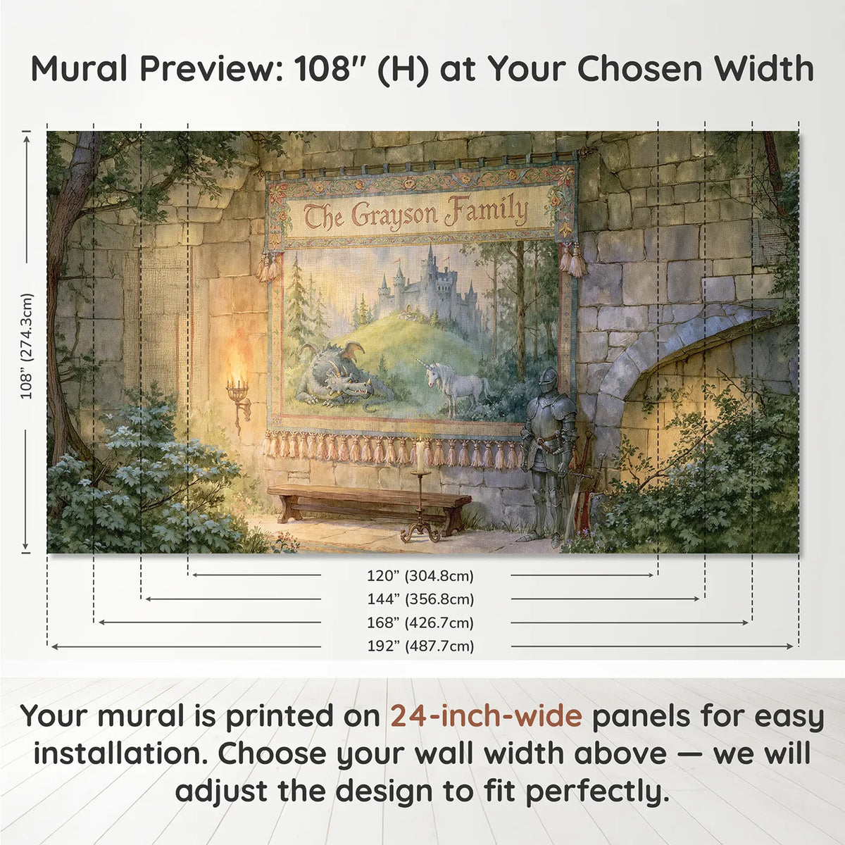 Panel layout and dimensions for Royal Family Tapestry Personalized Wall Mural by Whimsy Tots