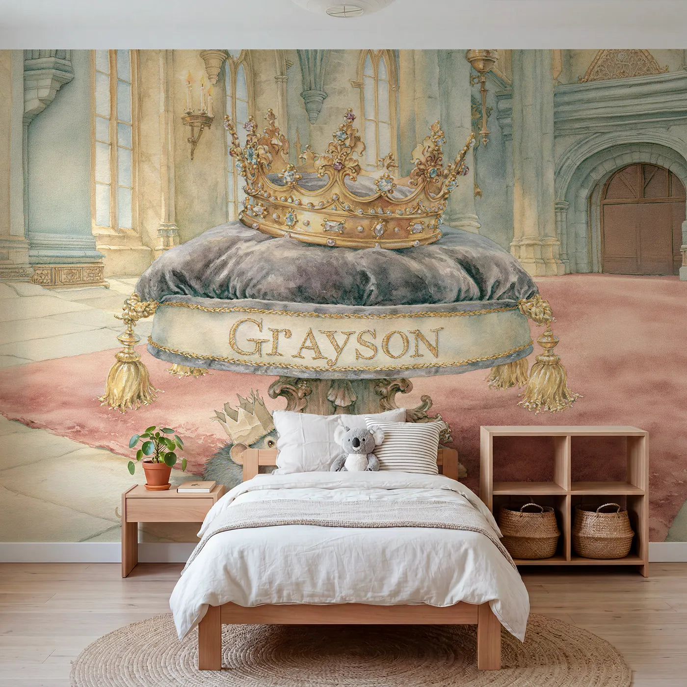 Storybook crown and velvet cushion personalized wall mural with gold embroidered band by Whimsy Tots