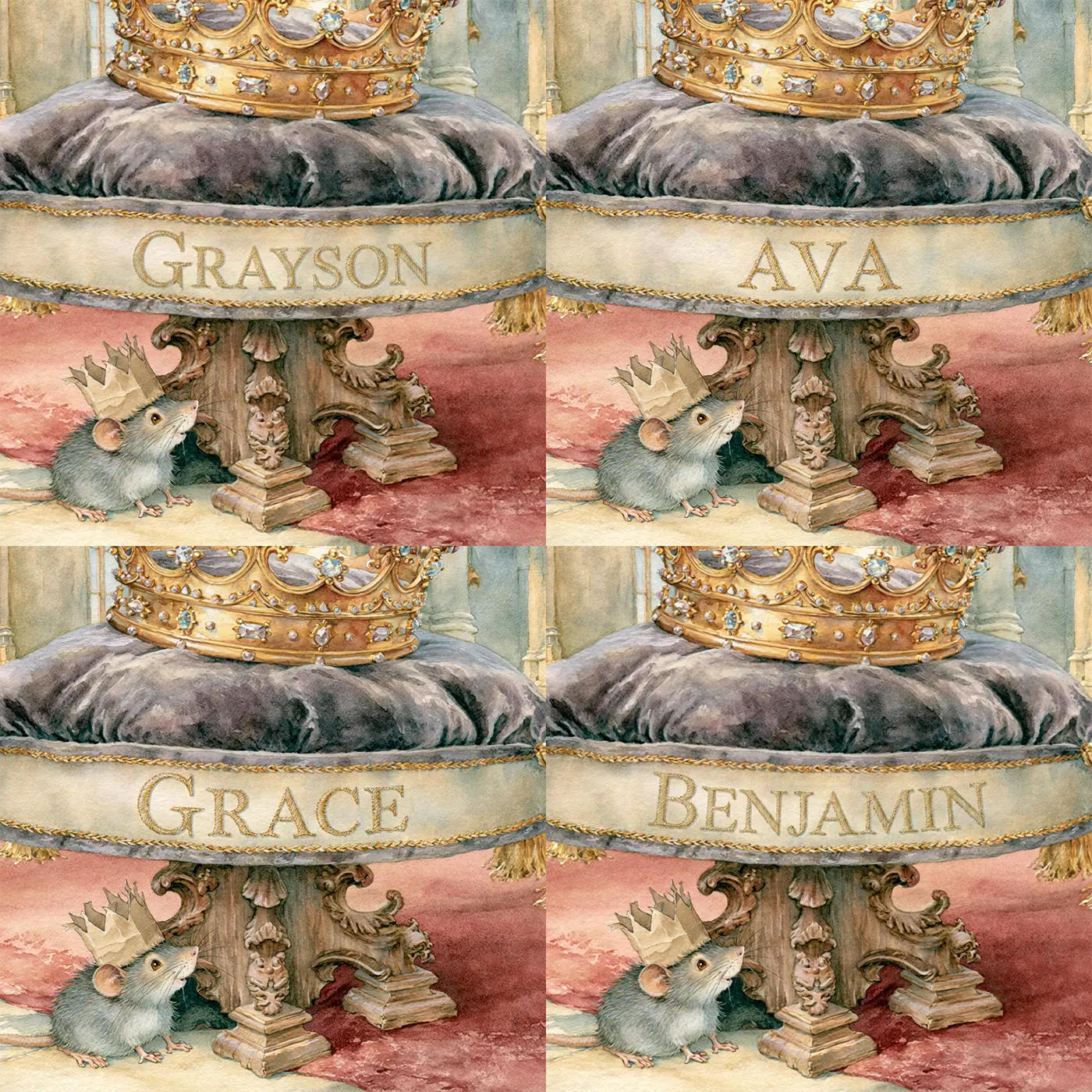 Four name preview examples of Crown on the Velvet Cushion Personalized Wall Mural by Whimsy Tots