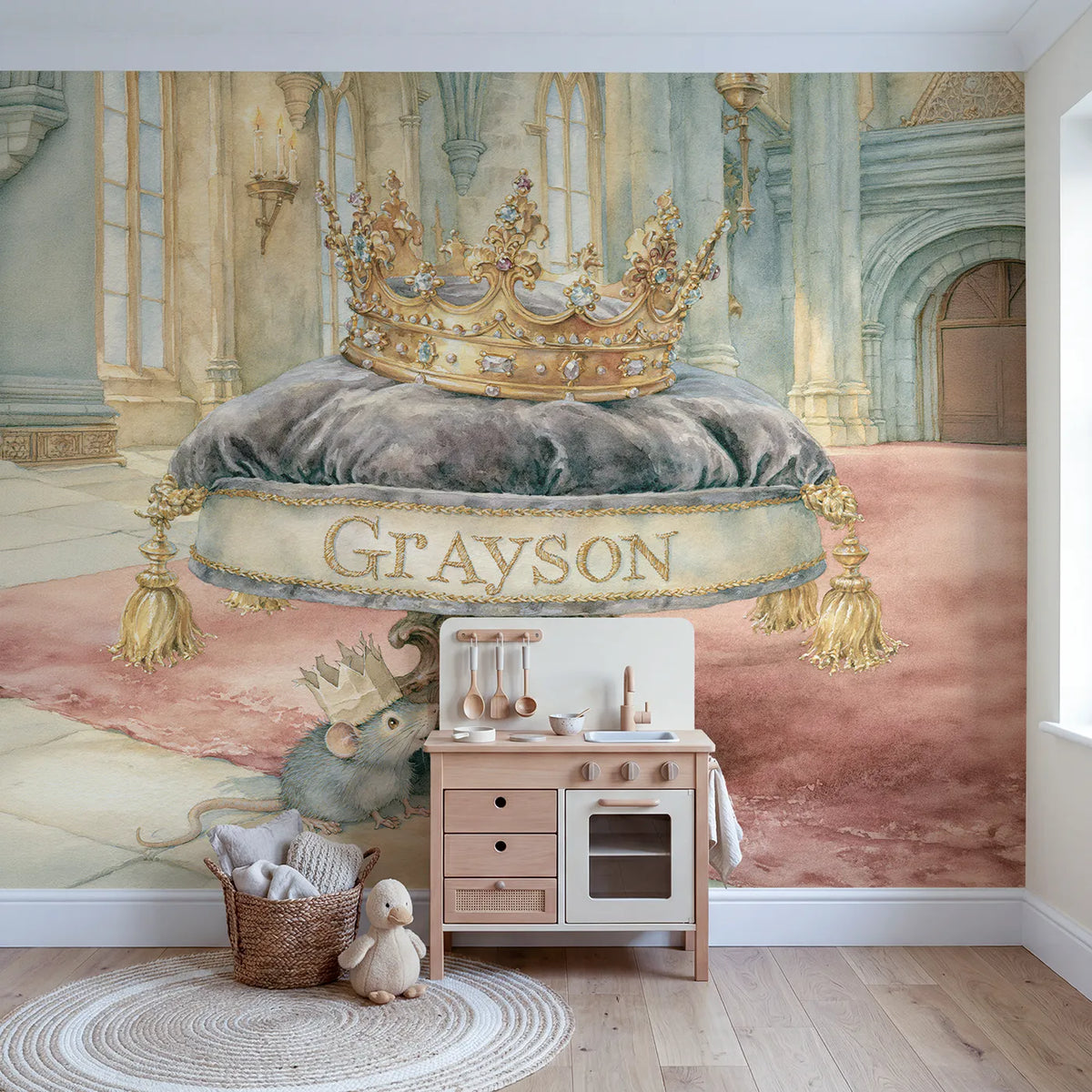 Crown on the Velvet Cushion Personalized Wall Mural in playroom setting by Whimsy Tots