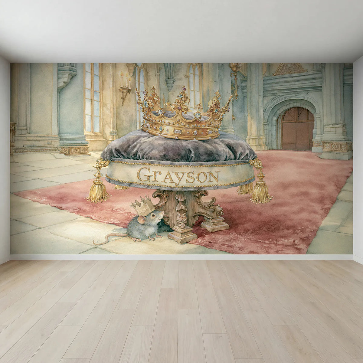 Full view of Crown on the Velvet Cushion Personalized Wall Mural by Whimsy Tots