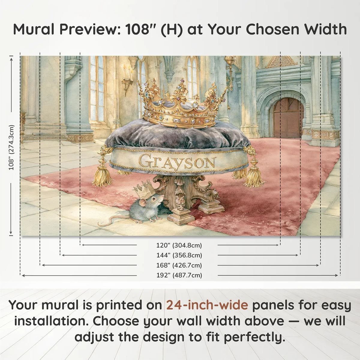 Panel layout and dimensions for Crown on the Velvet Cushion Personalized Wall Mural by Whimsy Tots
