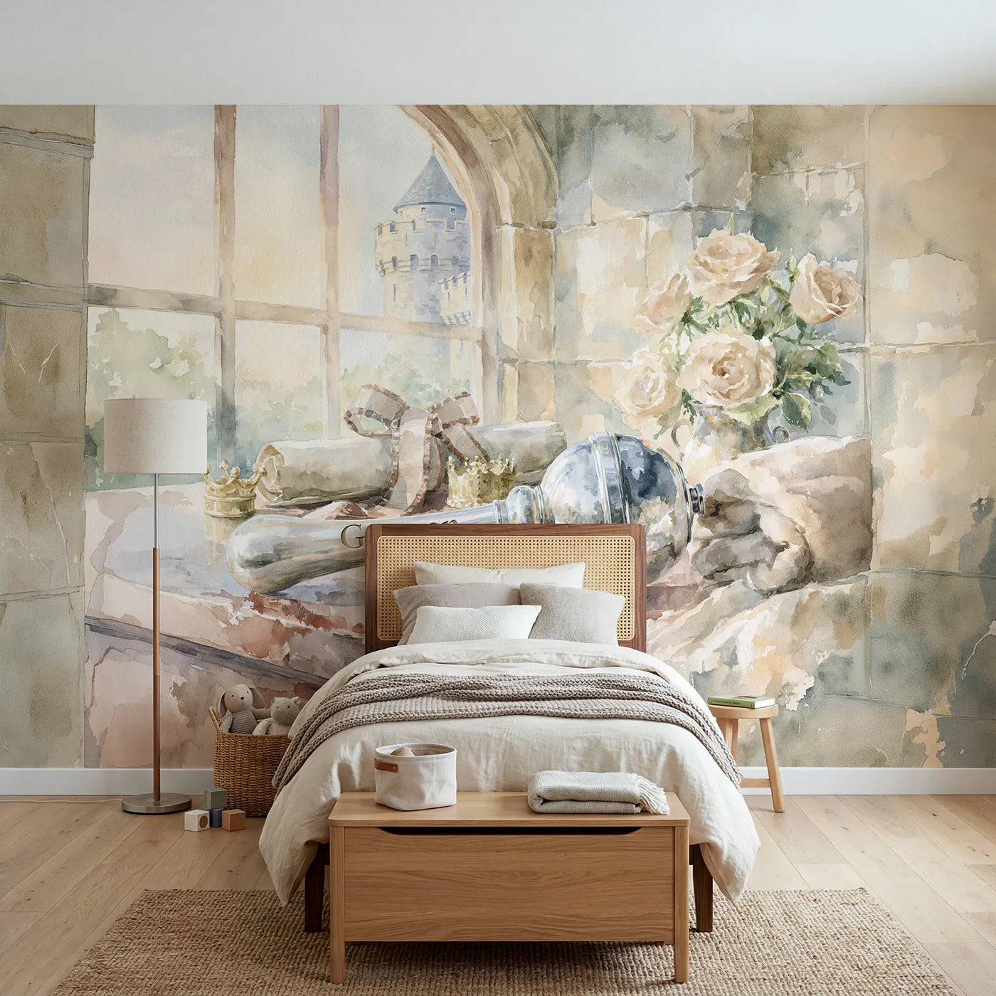 Watercolor christening rattle personalized wall mural with engraved name and year by Whimsy Tots